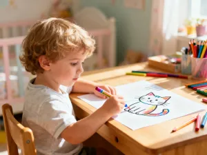 Uśmiechnięta dziewczynka rysuje kolorowego motyla na kartce papieru w słonecznej pracowni plastycznej.