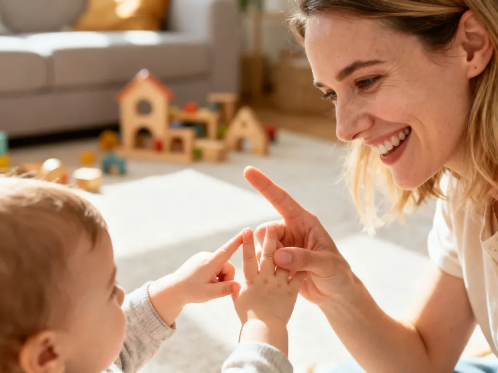 Uśmiechnięta mama bawi się z dzieckiem w zabawy paluszkowe w przytulnym salonie, budując więź poprzez dotyk.