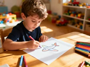 Dziecko z radością rysuje kolorowymi kredkami psa na białej kartce w przytulnej pracowni plastycznej.