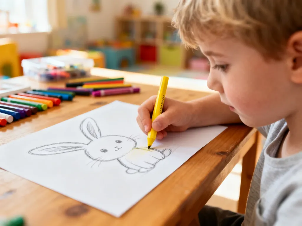 Dziecko przygotowuje się do pokolorowania szkicu Pikachu żółtą kredką przy biurku z przyborami plastycznymi.