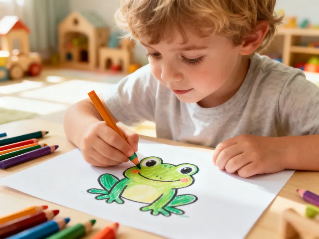 Dziecko z radością rysuje kolorowymi kredkami żabę na białej kartce w przytulnym, słonecznym pokoju.
