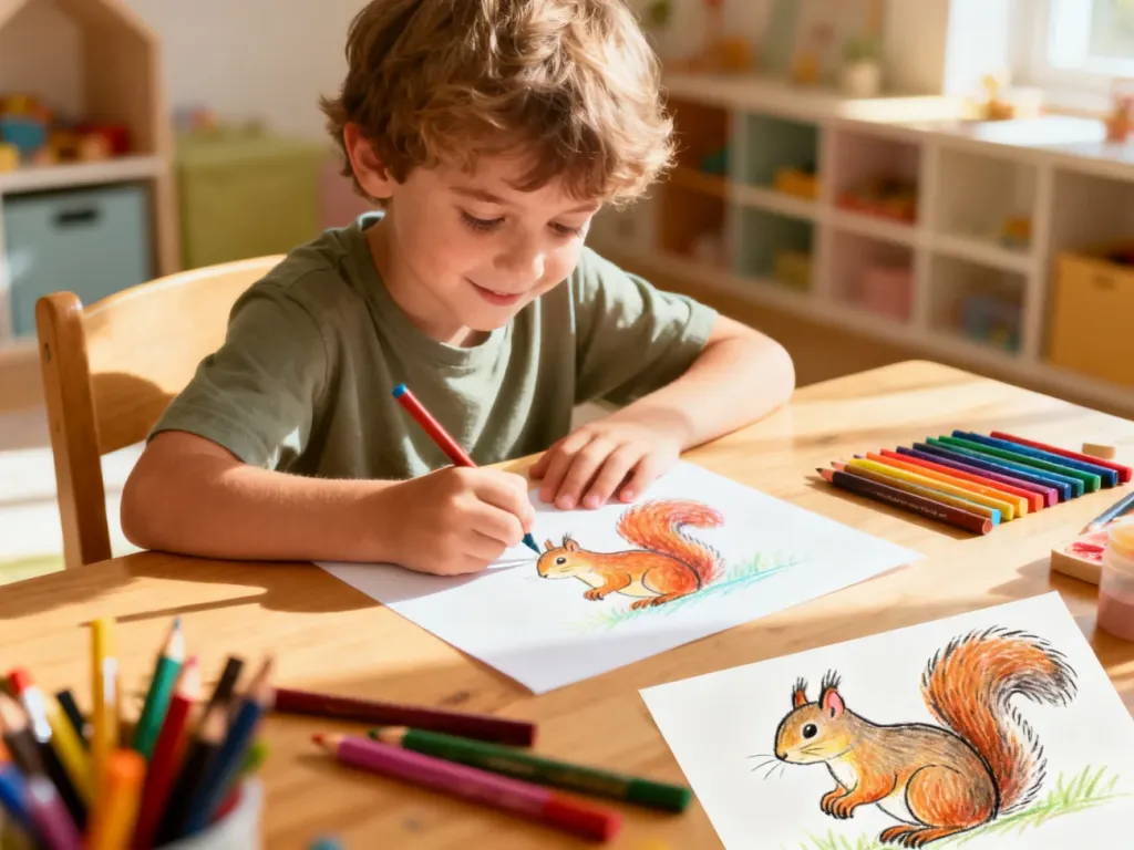 Dziecko z zaangażowaniem rysuje wiewiórkę kredkami przy biurku, tworząc prosty szkic zwierzęcia.