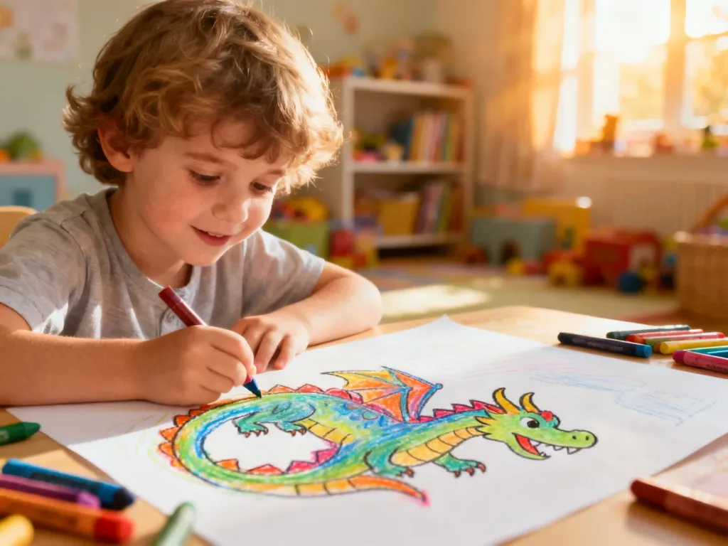 Dziecko z radością rysuje kolorowego smoka kredkami na dużej kartce papieru w przytulnym pokoju zabaw.