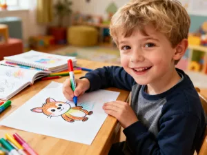 Artysta rysuje ołówkiem uroczy portret pandy na białej kartce, otoczony kolorowymi kredkami i mazakami.