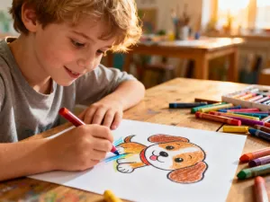 Artysta rysuje ołówkiem uroczy portret pandy na białej kartce, otoczony kolorowymi kredkami i mazakami.