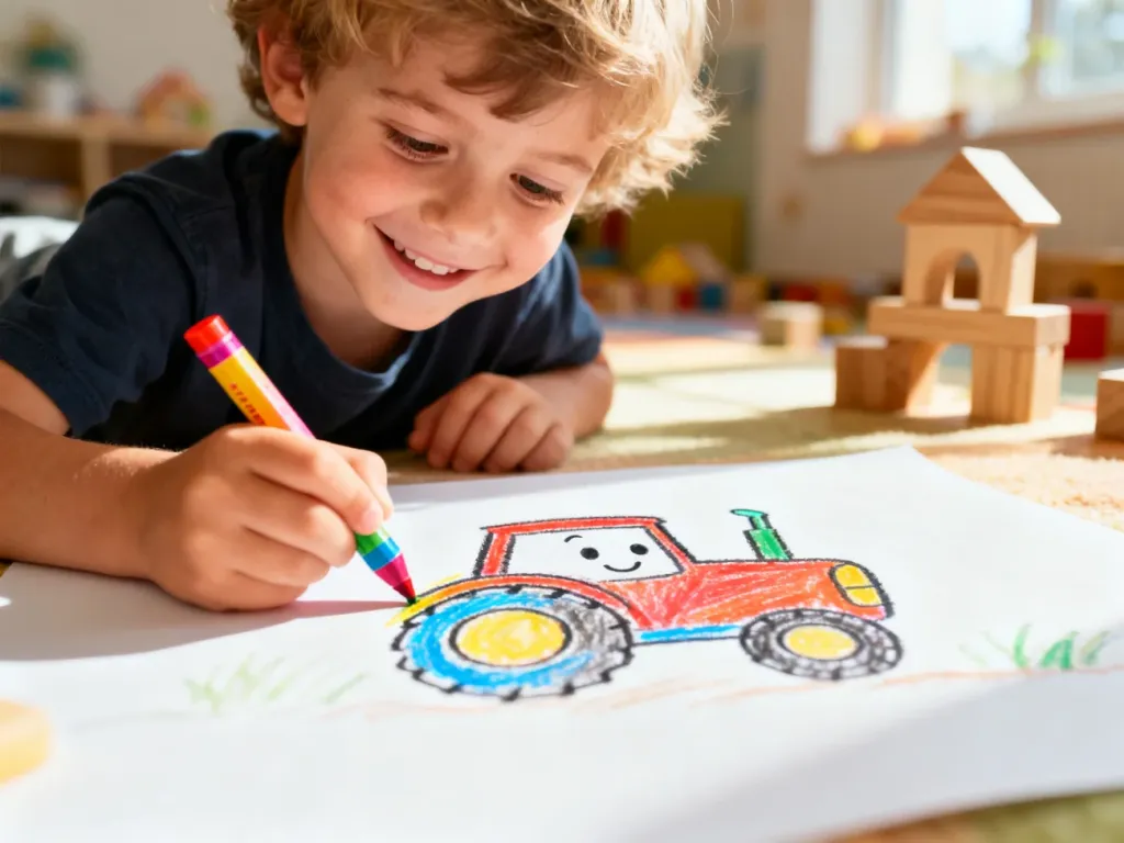 Dziecko z uśmiechem rysuje kolorowym kredkami przyjazny traktor na białej kartce papieru.